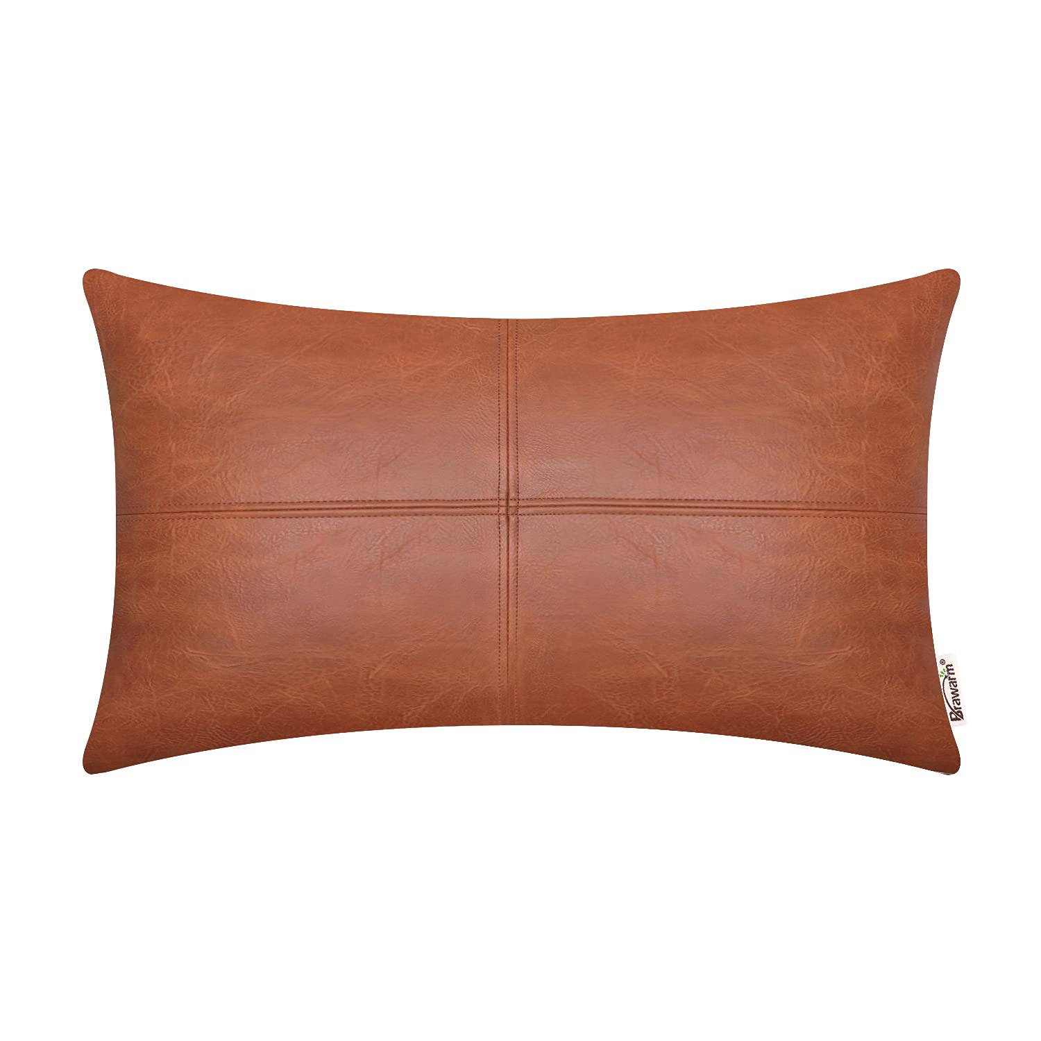 Brawarm Faux Leather Throw Pillow Covers 12 X 20 Inches, Cognac Leather Pillow Cover, Hand Stitched Leather Decorative Lumbar Pi